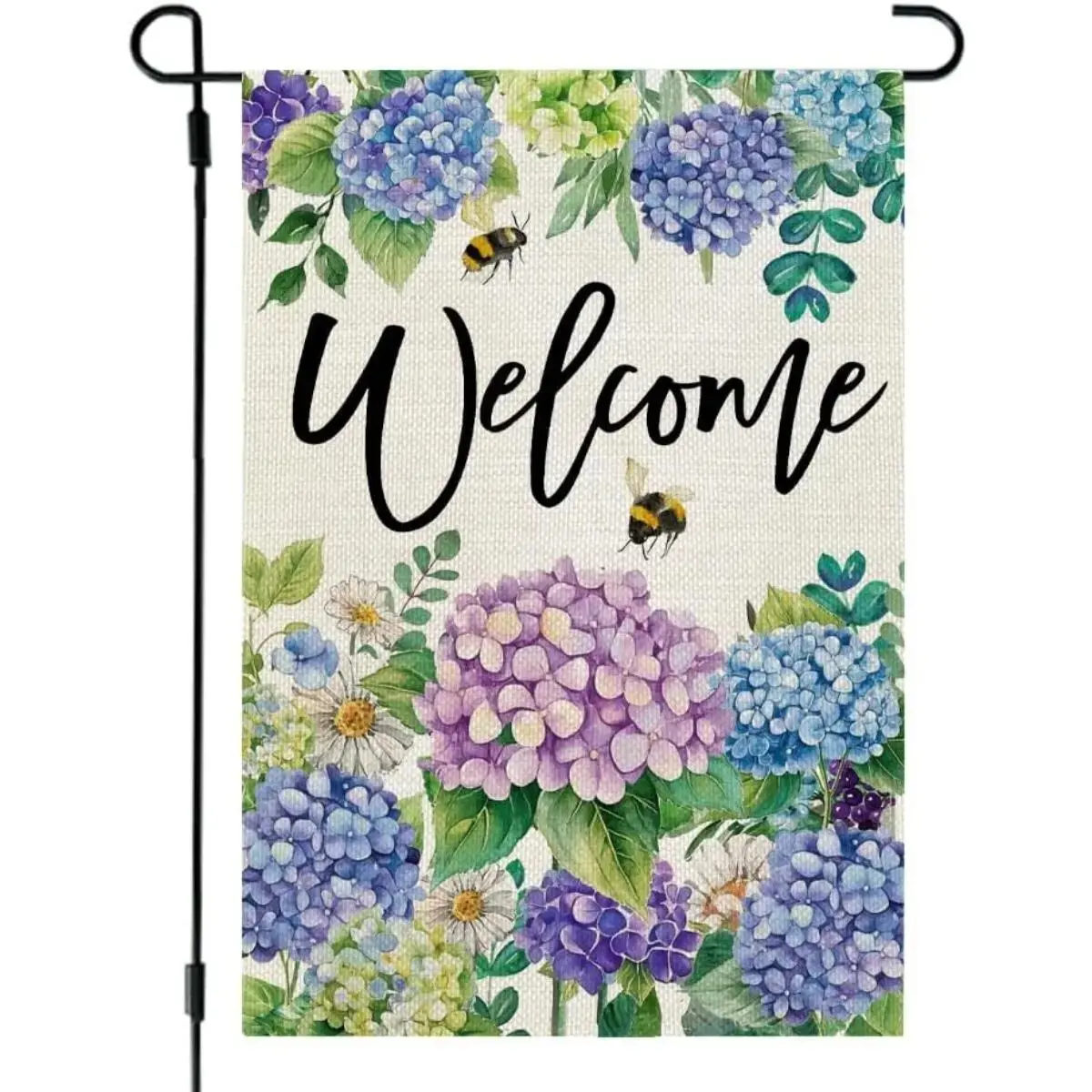 12x18in Double-Sided Hydrangea Bee Welcome Garden Flag, Watercolor Floral Outdoor Banner, Spring Summer Farmhouse Home Decor for Patio Porch Entryway