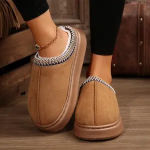 Women Suede Ankle Slippers Thick Thermal Lined Boots Non-Slip Indoor Sole