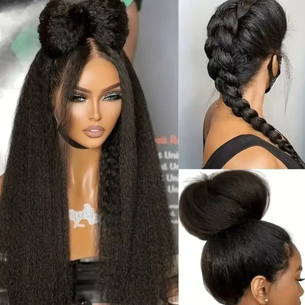 Natural Yaki Straight Long Lace Front Wigs for African American Women HD Transparent Pre Plucked Baby Hair Glueless Synthetic Wig Heat Resistant, Can Be Styled Into Braids High Bun Ponytail Updo Hairstyle Daily Party Makeup Wear