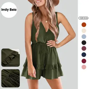 Imily Bela Womens V Neck Sleeveless Jumpsuit Beach Tank Rompers Flowy Ruffle Layered Playsuit RB6104