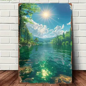 2D Plane – 2D Sheet Material, 1 Vintage "Art Studio" Decorative Plaque – Summer Lake Landscape Painting, Iron Home Decor Wall Art, Size 2030 cm / 8"12 inches, Suitable for garages, porch areas, cafes, bars, home bedrooms, studios – Gift Studio Decorations