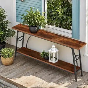 2-Tier Small Entryway Table with Shelf, Industrial Narrow Console Table for Living Room, Hallway, Bedroom, Gray/Brown