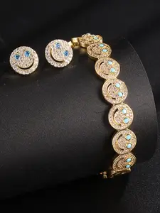 2pcs Copper, Cubic Synthetic Zircon​, Joyful Face Fashion Open Bracelet Earrings Set, Jewelry Gift for Friends