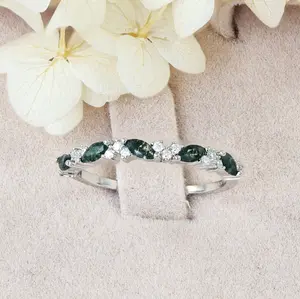 Moss Agate Marquise Cut N Moissanite Half Eternity Wedding Band Bridal Ring Sterling Silver S19391