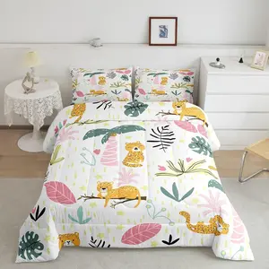 Leopard Pattern Decorative Bedding Set, Twin Size Cute Cartoon Cheetah Print Comforter, Tropical Plants Duvet, Durable Quilt Set