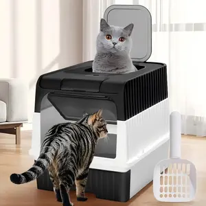 Large litter box (with drawers and shovel) - deodorant and splash-proof dual-channel design, thickened PP material is suitable for large cats and multi-cat families, easy to clean Modern black/gray/pink/green color scheme, ideal gift for cat lovers