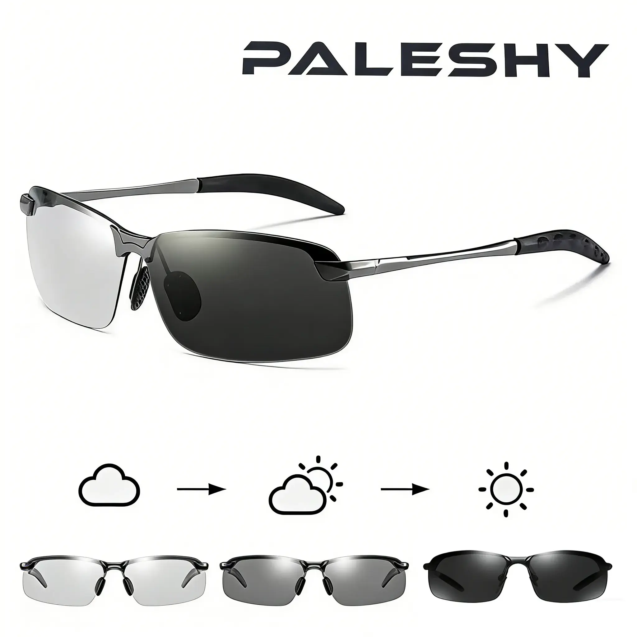 Unisex Oversized Semi-Rimless Resin Frame Rectangular Sunglasses - Polarized Smart Photochromic Adjustable Tint PC Lenses, UV400 Protection, Lightweight for Driving, High-Quality Eyewear, Smart Photochromic Sunglasses