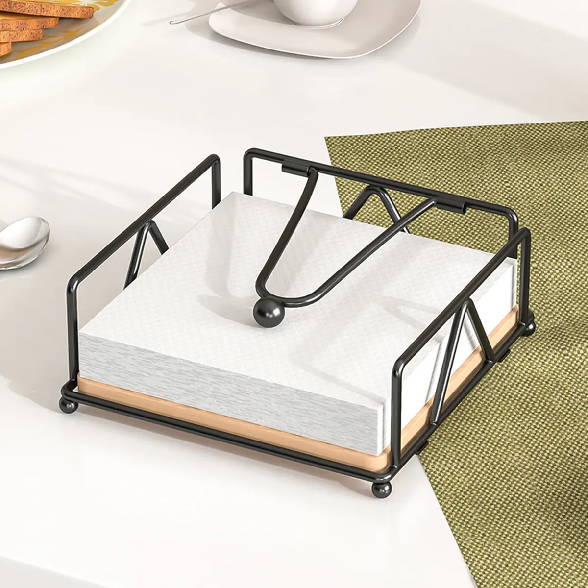 Elegant Country Iron Metal Napkin Holder, Creative Wooden Paper Towel Dispenser, Flat Design with Reinforced Arm, Kitchen Counter Decor, Bathroom Accessory, Bathroom Organizing Accessories, Bathroom Counter Organizer, Bathroom Necessities