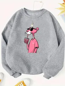 Women's Puma Print Round Neck Sweatshirt, Fashion Casual Long Sleeve Pullover, Women's Top for Daily Wear