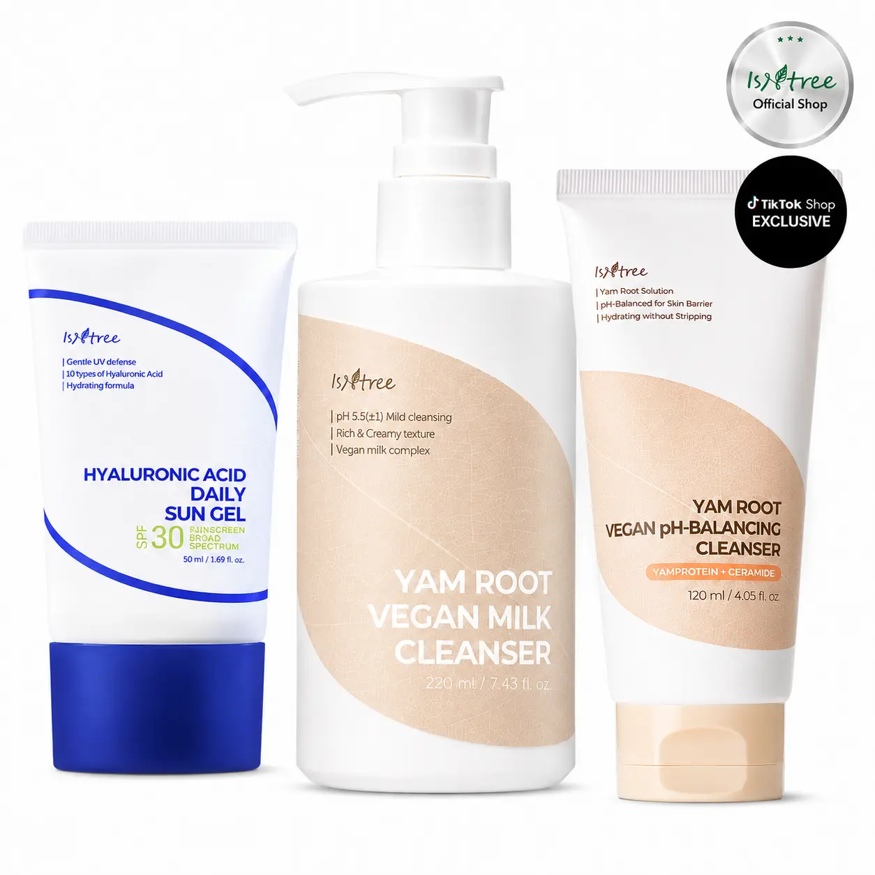 [isntree Official Shop] The 333 Daily Skincare Essentials Set | Summer Kbeauty Double Cleansing Facial Care Trio with Yam Root Milk Cleanser + Low pH Cleanser + Hyaluronic Acid Sun Gel SPF for Sensitive Skin