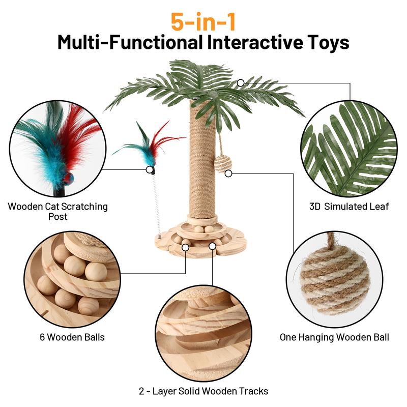 Cute Design Cat Tree Tower for Indoor Cats with Interactive Dangling Balls, Jungle Paradise Design, Scratching Post & Tropical Decor