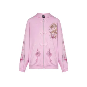 TCH-Luxury Pink Dragon Rhinestone Sparkle Hoodie Jacket Oversized