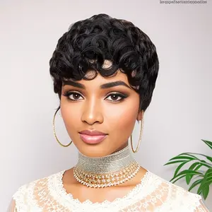 Brazilian Remy Human Hair Wig - Short Curly Pixie Cut with Bangs 180% Density Glueless Natural Black Loose Curly Layered Bob Wig for Caucasian/Black/African Descent Comfortable Daily Wear & Low-Maintenance Machine-Made Hairpiece