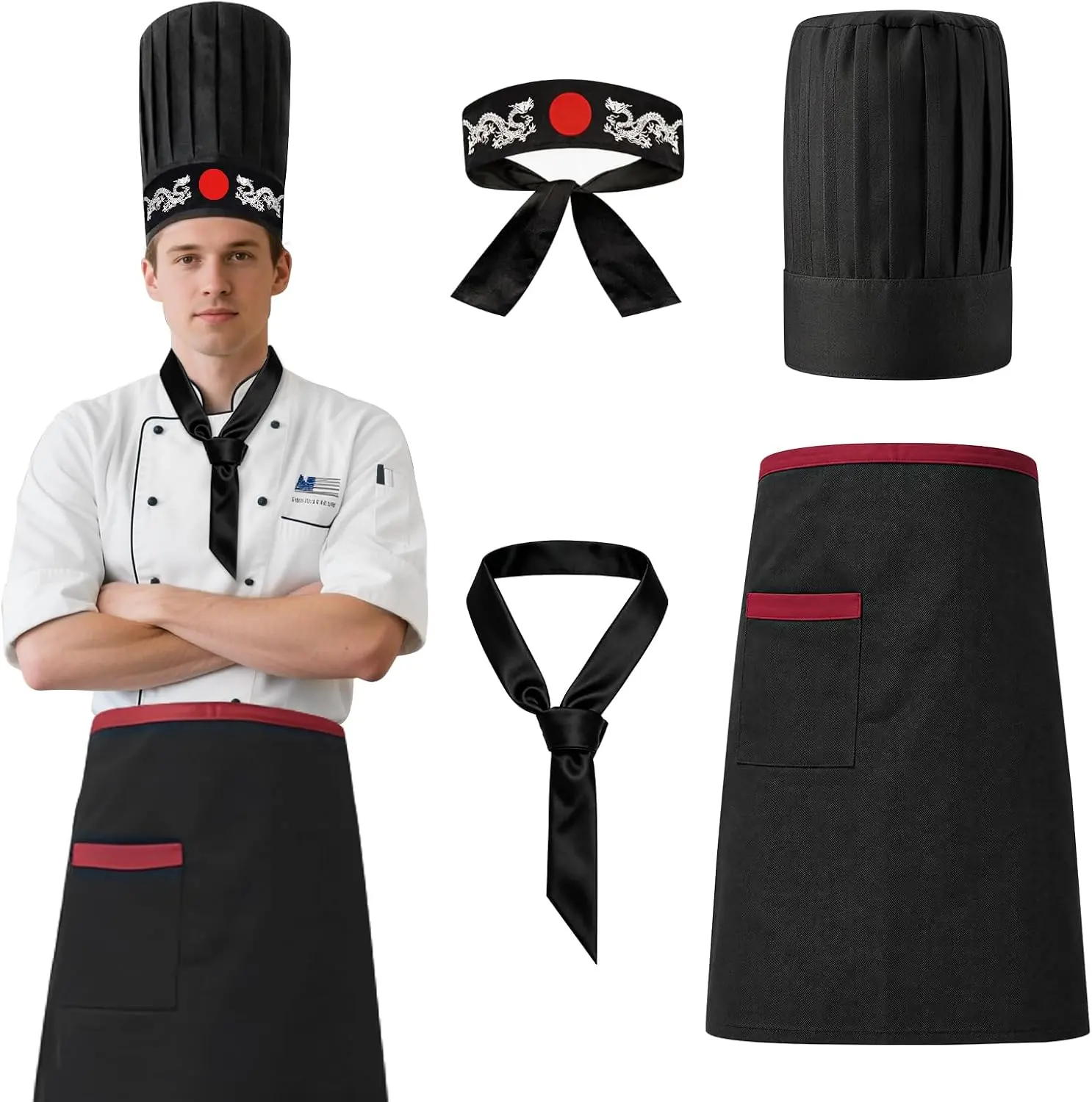 Hibachi Chef Hat and Apron Set, Japanese Style 4-Piece Hibachi Hat Chef Costume with Japanese Headband and Tie, Chef Hat and Apron for Men Women, BBQ Grilling Cooking Gift & Halloween Role PlayGift.