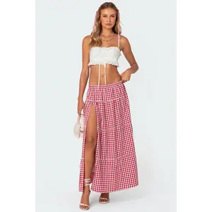 Gingham Side Slit Tiered Maxi Skirt Gingham Side Slit Tiered Maxi Skirt