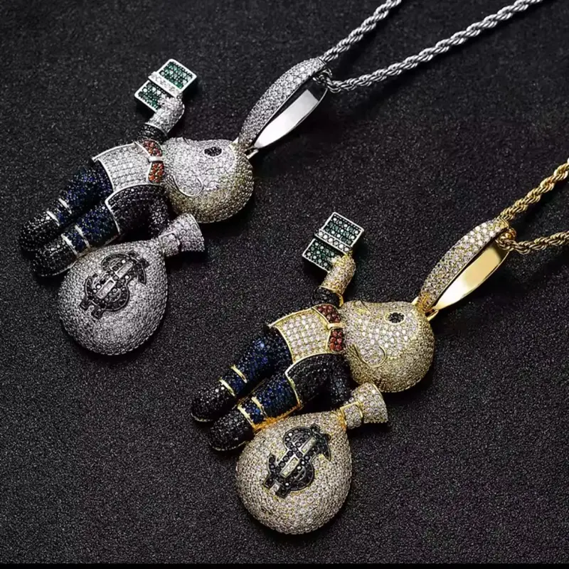 HipHop Iced Out Dollar Pendant Necklace with Money Bag Charm