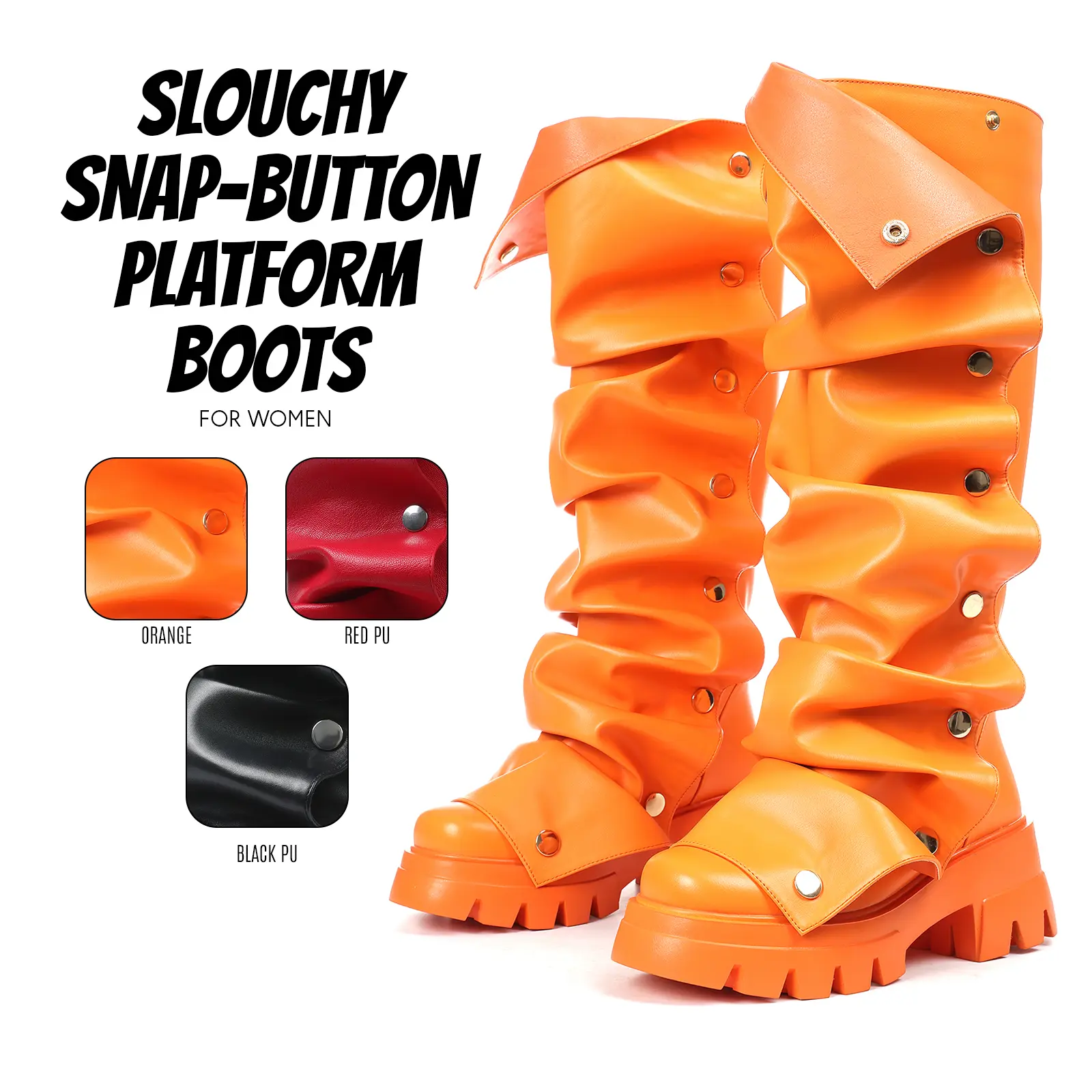 Knee High Platform Boots for Women Round Toe Chunky Block Heel Fold Over Boots Detachable Snap Off Design Wide Calf Tall Boots Combat Style Fashion Shoes Party Work Casual Spring Boots