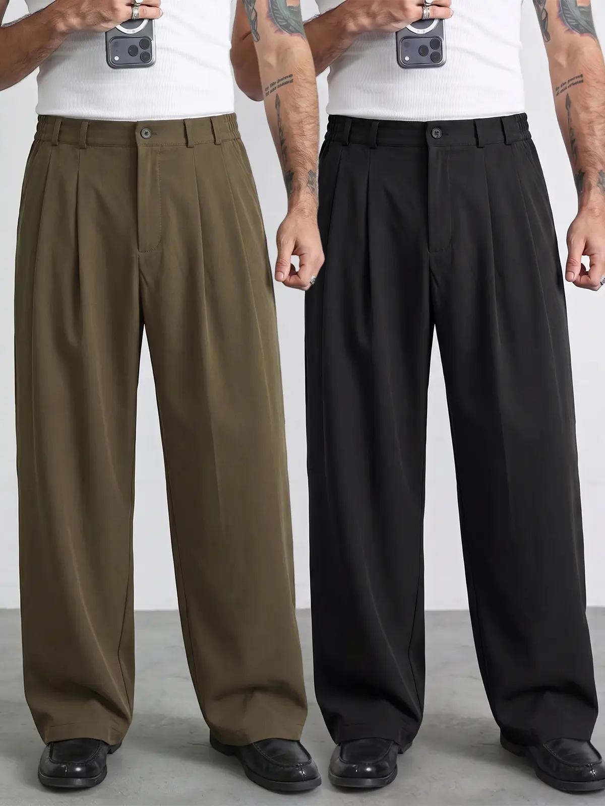 2-PACK Men Half Elastic Waist Double Pleated Straight Long Suit Pants, Wrinkle Resist Breathable Fabric, Old Money Style Quiet Luxury Office Business Casual Long Pants Multi Pack