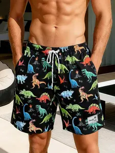 Men's Dinosaur Print Swim Trunks, Regular Fit Casual Comfy Swim Shorts for Summer, Men's Swimwear Bottoms for Beach Vacation, Swimming Shorts