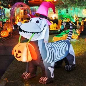 GOOSH 5Ft Halloween Inflatables with Built-in LED Lights, Blow-Up Pumpkin & Skeleton Puppy for Indoor/Outdoor Yards and Parties