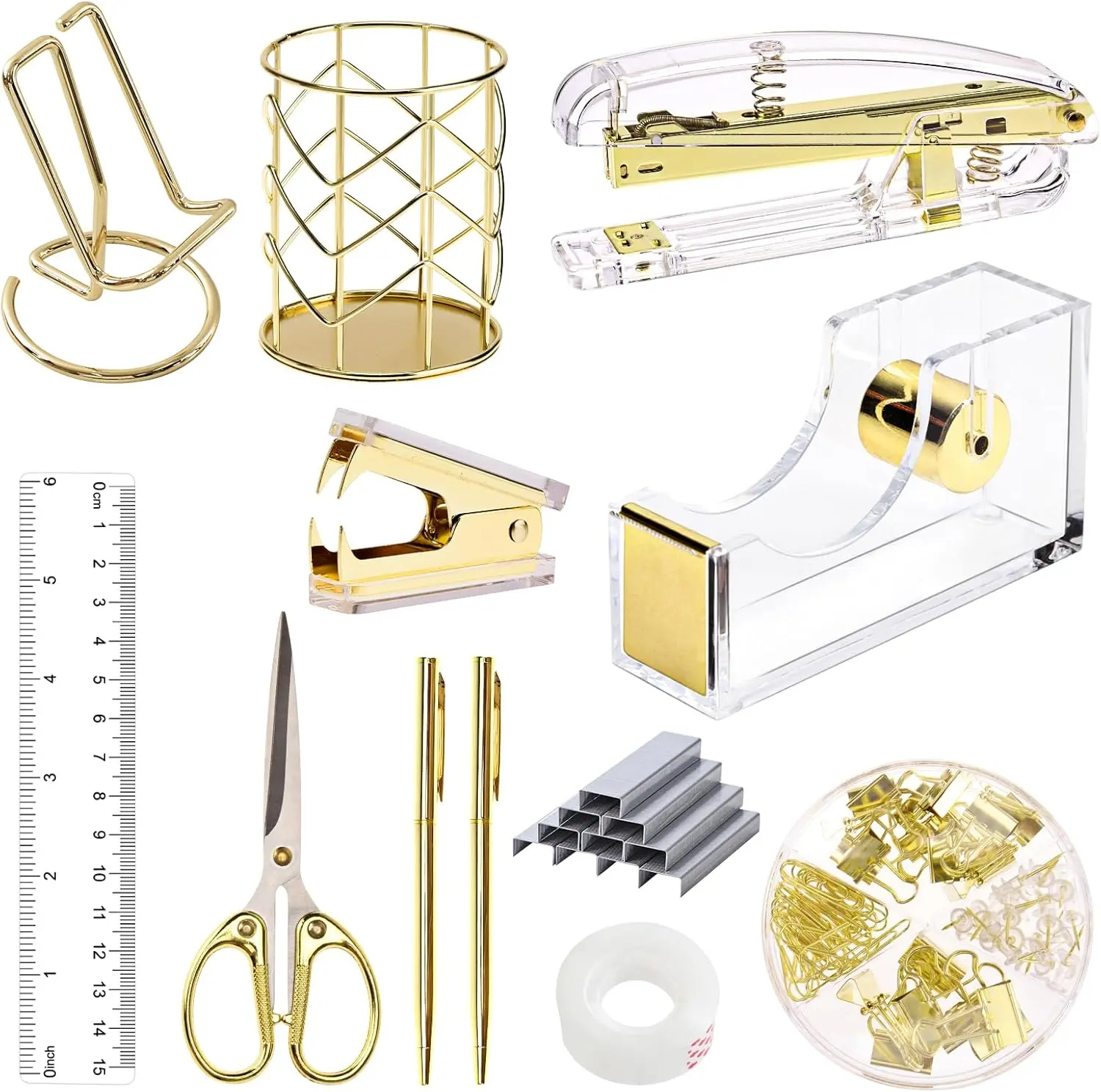 Gold Office Supplies Set Desk Accessories, Acrylic Stapler Set Staple Remover, Phone Holder, Tape Holder, Pen Holder, 2 Ballpoint Pen, Scissor, Binder