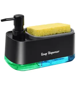 Kitchen Dish Soap Dispenser Set，Dish and Hand Soap Dispenser with Sponge Holder, 3-in-1 Countertop Sponge Dual Soap Pump Dispenser for Kitchen Sink - Black