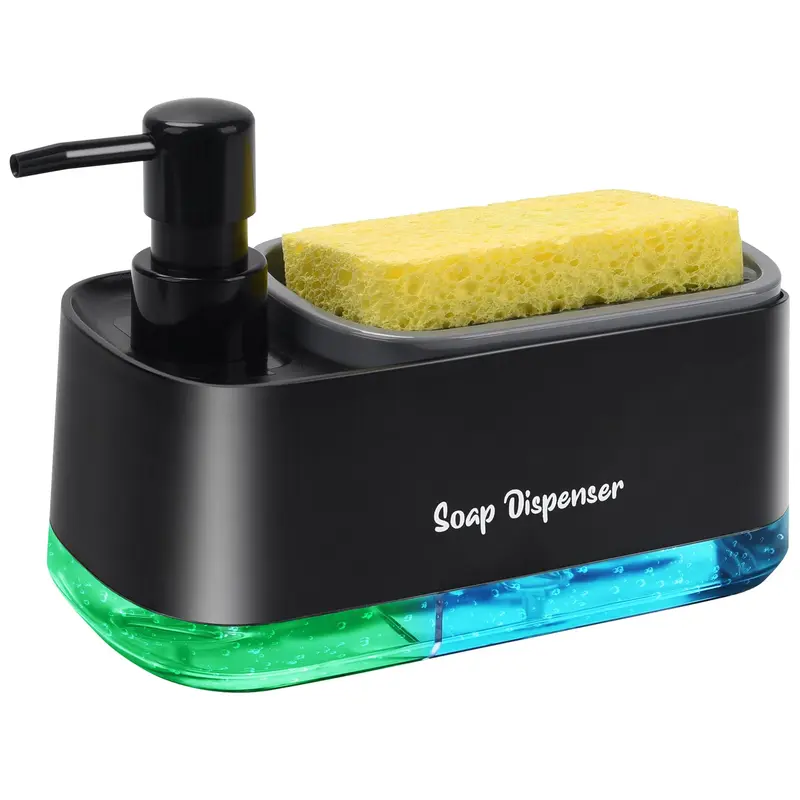 Black 3-in-1 Kitchen Countertop Press-Down Pump Soap Dispenser Set - BPA-Free Soap Container with Bottles, Anti-Leak Dual Pump Canister, Sponge Holder, Corrosion-Resist Detachable ABS Tray for Kitchen Sink
