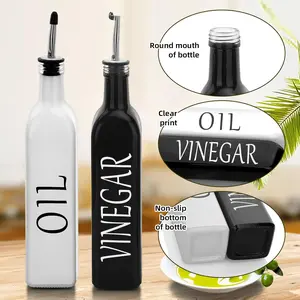 White & Black Olive Oil Dispenser Bottle,2 Pcs 17oz 500ml Glass Oil and Vinegar Dispenser Set with 2 Stainless Steel Pourers, 8 Labels,Funnel Oil Bottles for Kitchen