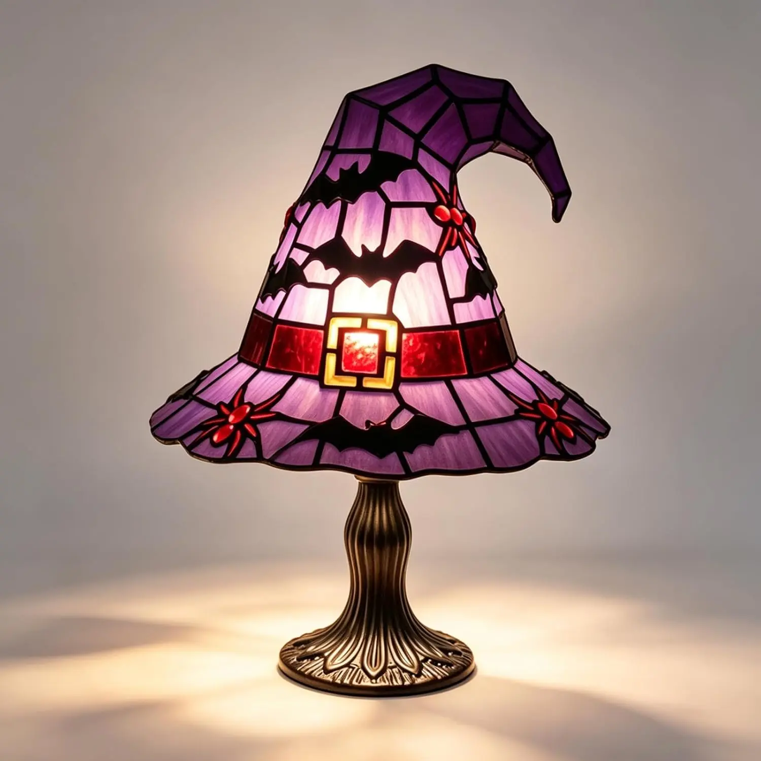 Stained Glass Halloween Purple Witch Hat Table Lamp | USB Powered, Night Light, Vintage Style, Desktop Ornament, Bat & Spider Design