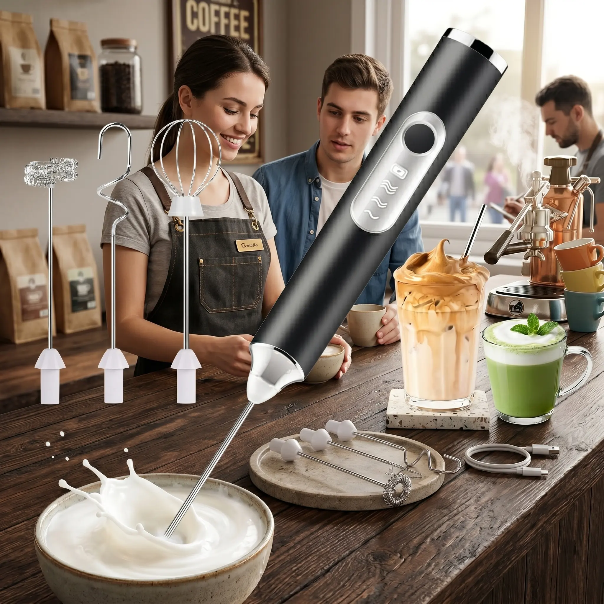 Handheld Cordless Rechargeable Milk Frother - 3-Speed Electric Whisk Drink Mixer with 3 Stainless Steel Whisks, Detachable Coffee Equipment for Lattes, Cappuccino, Home Use, Travel, No Stand Needed, Black