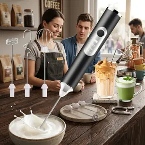 Handheld Rechargeable Milk Frother – Electric Whisk Drink Mixer with 3 Stainless Steel Whisks, Detachable Coffee Equipment for Lattes, Cappuccino, No Stand Needed, Black