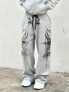 Gothic Print Drawstring Waist Pants, Preppy Style Plaid Design, Loose Fit Leggings, All Seasons Casual Fashion for Men, Aesthetic