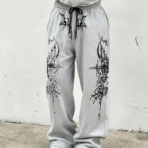 Gothic Print Drawstring Waist Pants, Preppy Style Plaid Design, Loose Fit Leggings, All Seasons Fashion for Men