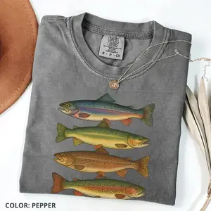 Comfort Colors trout fish T-shirt in vintage retro style, soft cotton fishing tee for fishermen and fishing lovers, rainbow trout design gift for her.