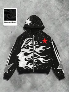 Men's Street Life Men's Street-Style Graphic Flame, Letter & Figure Print Long Sleeve Zipper Hoodie, For Fall Winter