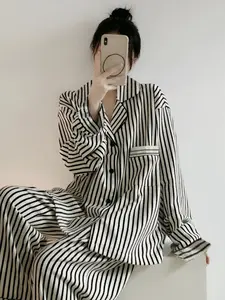 Casual Striped Fall Winter Long Sleeve Pajama Set, Loose Lapel Button-Up Top & Elastic Waist Pants, Comfortable Home Wear
