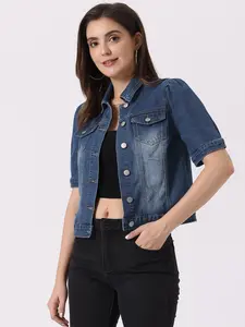 INSPIRE CHIC Short Puff Sleeves Button-Down Jean Denim Casual Jacket
