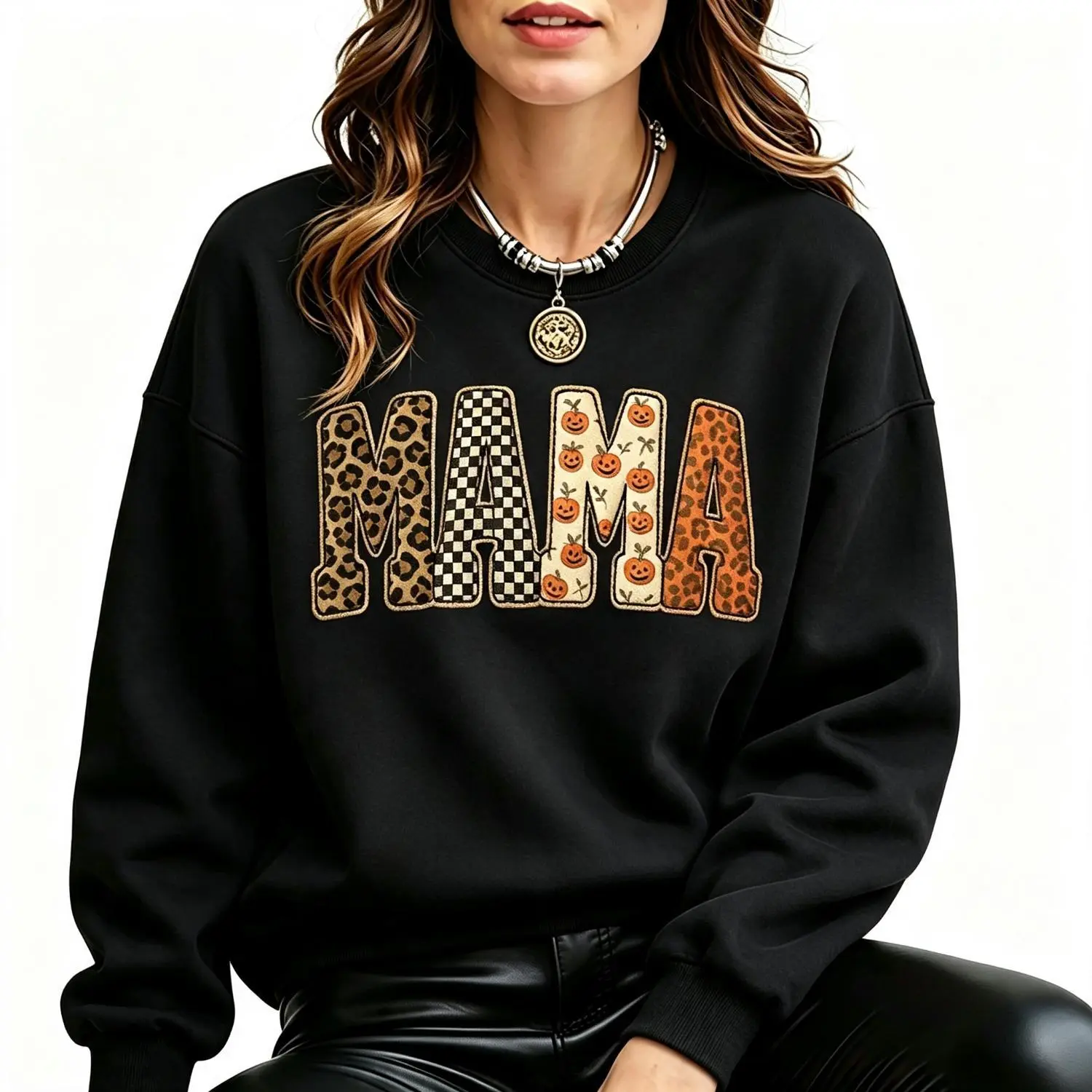 Mama Halloween Leopard Print Checkered Pumpkin Spooky Witch Crew Neck Sweatshirt for Moms Cozy Fall Graphic Pullover Autumn Holiday Outfit