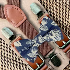 Steel Blue Floral Bow Tie & Dark Brown Suspenders Set