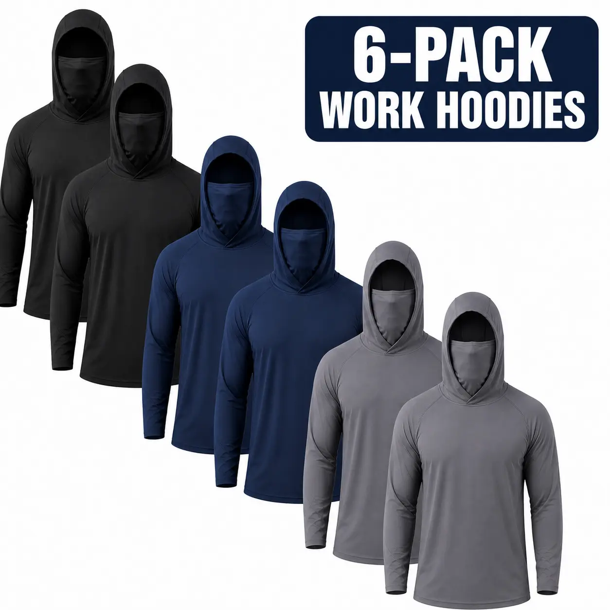 6-Pack Men's Long Sleeve Work Shirts with Hood and Face Cover, Quick-Dry UPF Sun Shirts for Construction, Lawn Care and Warehouse Work