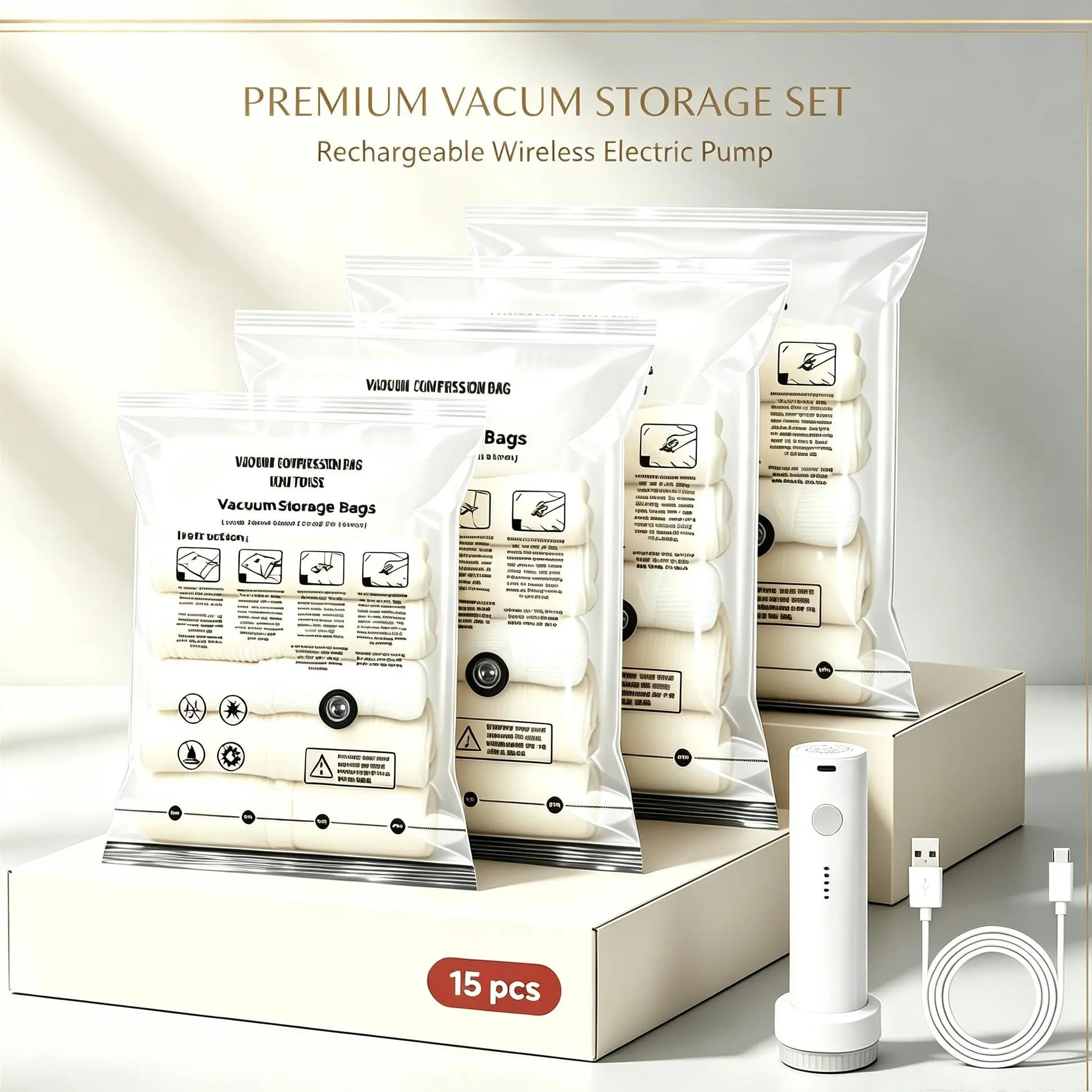 [Summer Vibes] Cordless Travel Vacuum Bag Set with Rechargeable Air Pump, 15-Pack Space Saving Storage Bags, Airtight Resealing Sealed Organizers for Luggage, Sturdy Lightweight Clothes Storage Solution, Vacuum Bags For Travel.clear organizer