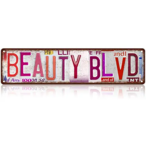 Vintage Beauty Blvd Decorative Metal-Aluminum Wall Plaque - 16x4 In Retro Aesthetic Hanging Sign, Easy Install, Living Room Decor, Home Office Decoration, Room Decor for Women, Decorative Metal Wall Panel Home Signs