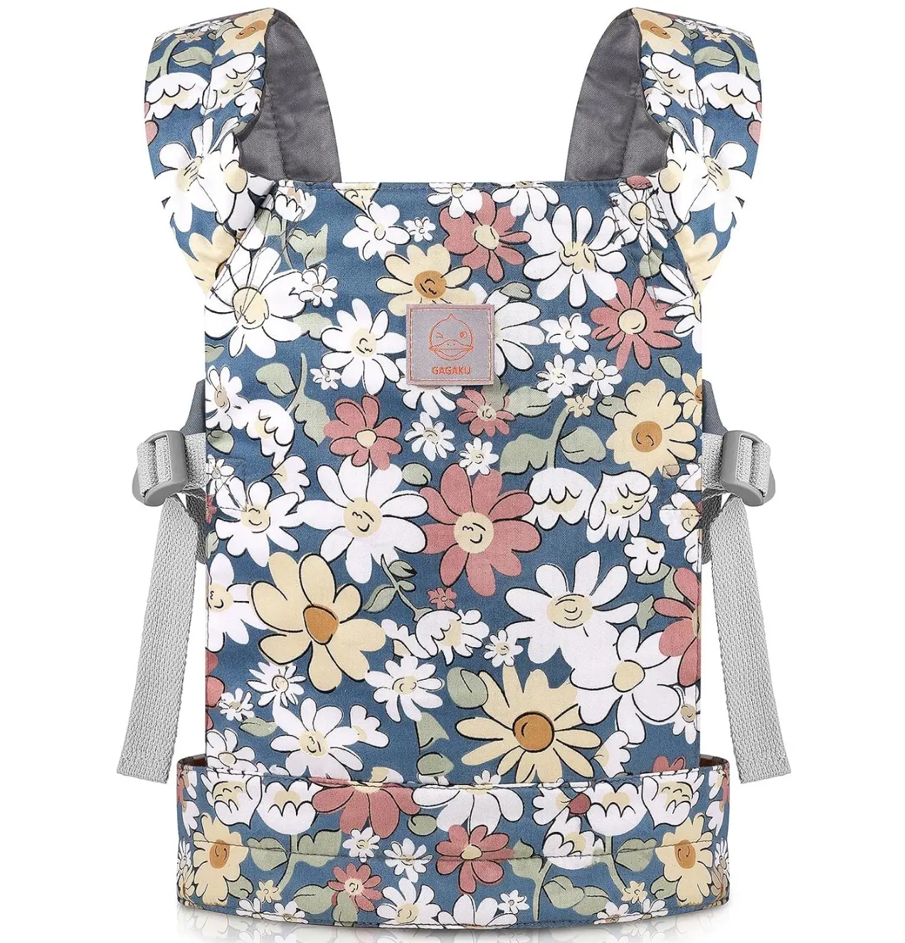 GAGAKU Cotton Kids Doll Carrier - Breathable Lightweight Gray Doll Accessory with Adjustable Straps, Buckle, Center Release, Ditsy Floral Motif, Smiling Daisies, 0.18 kg