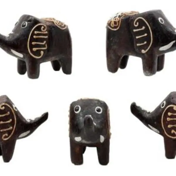 Balinese Wooden Handicraft, Carved Jungle Elephant Miniature Figurine Set - 2.5"L Home Decor Statues