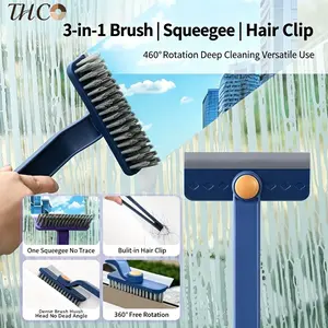 3-In-1 Multifunctional Cleaning Brush Squeegees - 360° Rotatable Head, Scrub & Hair Clip Combo, Hard Bristle Crevice Cleaner, Handle Squeegees, All Purpose Tool for Bathroom Toilet Cleaning
