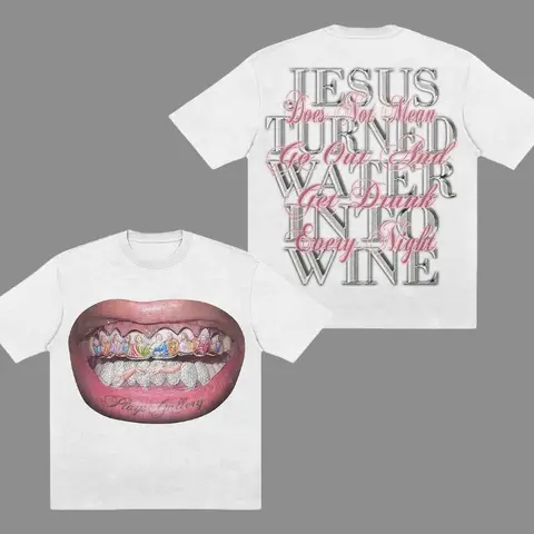 Unisex Mouth & Letter Print T-Shirt, Jesus Smiled Unisex T-Shirt, Crewneck, S-3XL, Mens & Womens Streetwear Tops & Underwear Casual Cotton Menswear Round Neck Tshirt