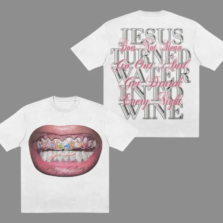Unisex Mouth & Letter Print T-Shirt, Jesus Smiled Unisex T-Shirt, Crewneck, S-3XL, Mens & Womens Streetwear Tops & Underwear Casual Cotton Menswear Round Neck Tshirt