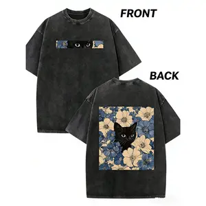 Black Cat Floral Pattern, Interesting Print, Vintage Washed Cotton T-Shirt, Y2k Style, American Street Style, Suitable For Men And Women
