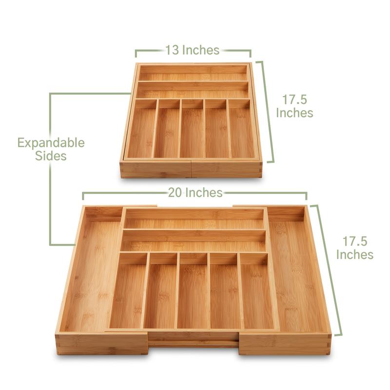Expandable Bamboo Drawer Organizer With Dividers, Adjustable Storage Box For Kitchen Utensils, Cutlery, Knives, And Stationery, 17.5" x 13" x 2"