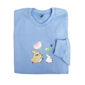 Anime Forest Rabbit Embroidered Sweater Sweatshirt Carolina Blue,  Forest Friend Kawaii Anime Sweatshirt Soot Sprite Embroidered Sweater, Hoodie